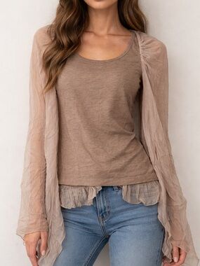 HIGH USA Sheer Sleeve Layered Blouse Taupe Ruffle Hem Women’s Size Small Italy